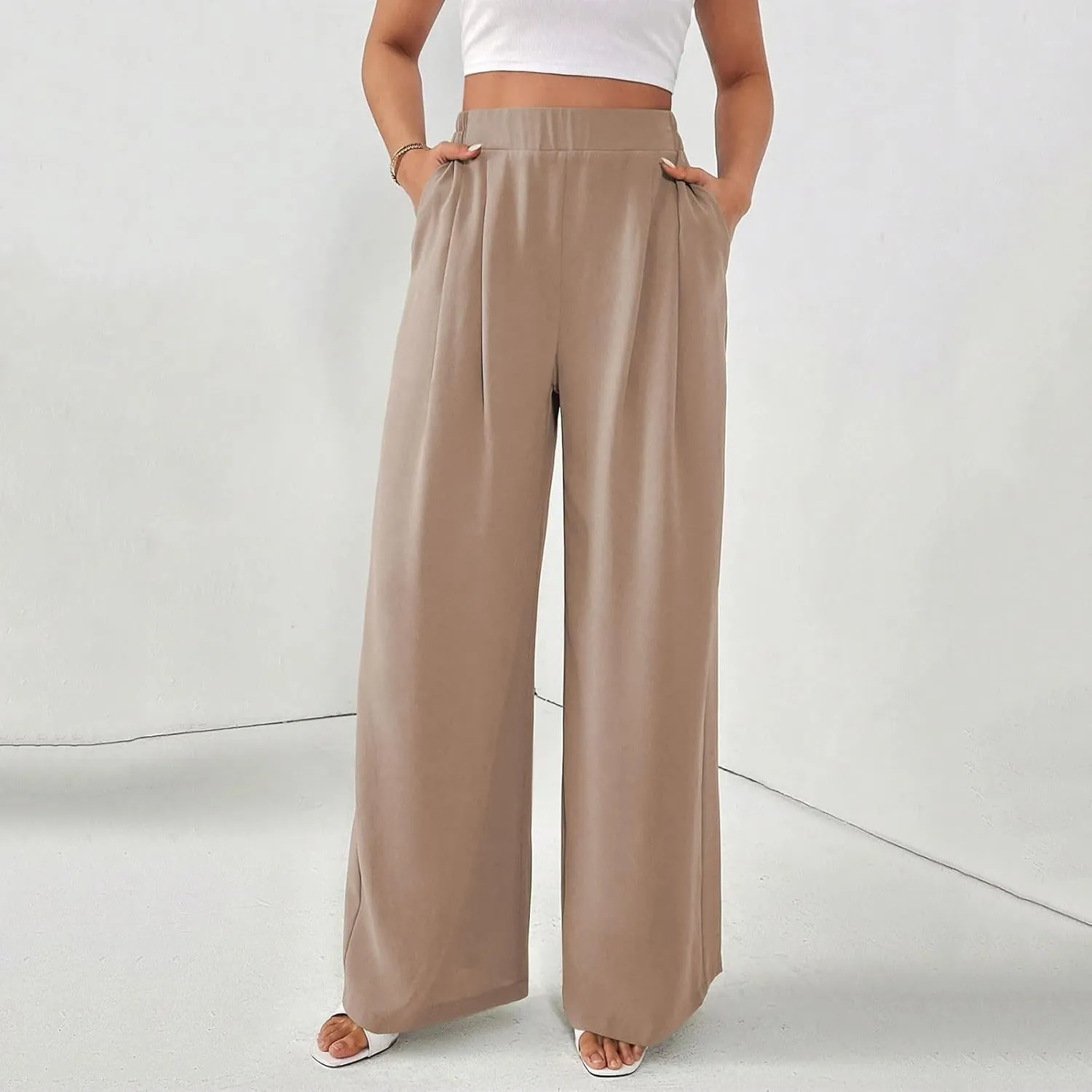 Sinzelimin Women's Harem Pants Baggy Comfy Casual Wide Leg Sweatpant Fashion Solid Color Elastic Waist Trousers with Pockets