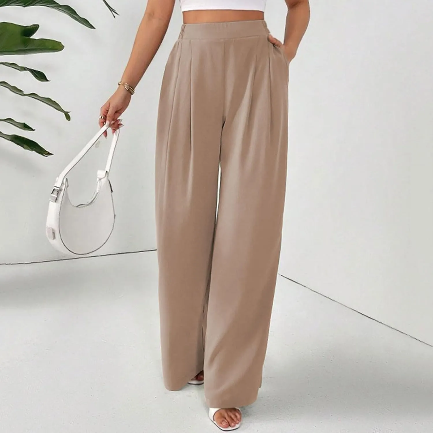 Sinzelimin Women's Harem Pants Baggy Comfy Casual Wide Leg Sweatpant Fashion Solid Color Elastic Waist Trousers with Pockets