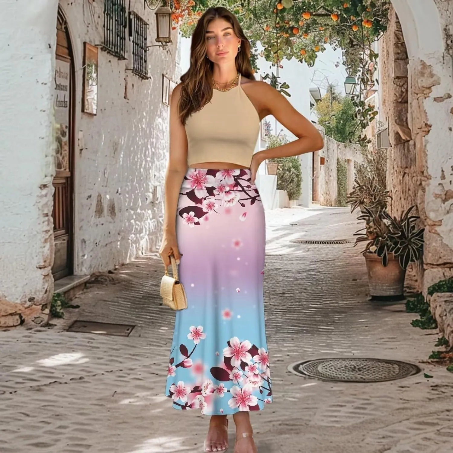 Skirts for Women Elastic Fishtail Bodycon Long Skirt High Waist A-Line Maxi Long Skirts Vacation Skirt for Lady