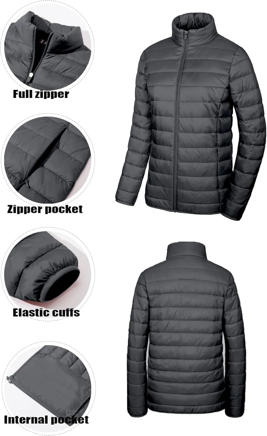 SMENG Women's Lightweight Quilted Puffer Jackets Full-Zip Stand-collar with 4 Pockets Padded Fleece Jacket Coat