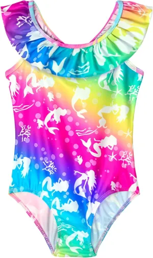 Snowheart Girls Swimsuit One Piece Bathing Suit Kids Quick Dry Shoudler Ruffle Floral Swimwear for 3-12 Years Old