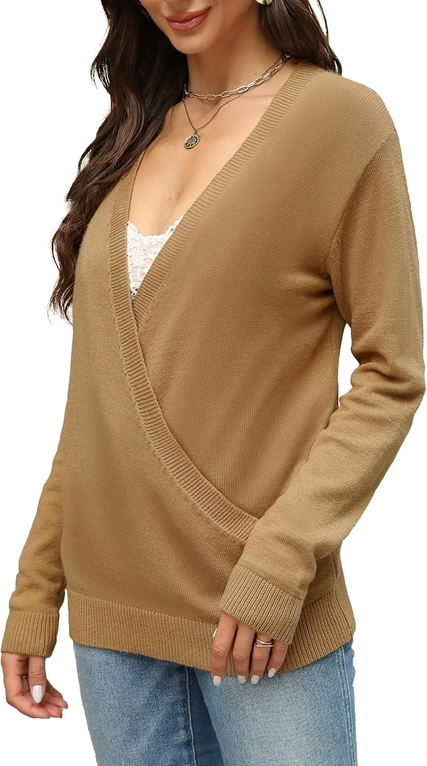 softome Womens 2025 Deep V-Neck Wrap Sweaters Long Sleeve Front Cross Loose Knitted Pullover Jumper Fall Winter Tops