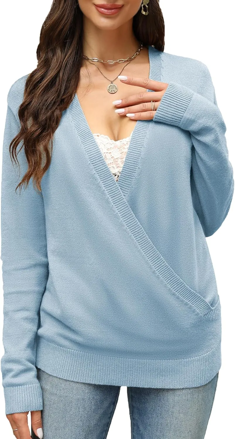softome Womens 2025 Deep V-Neck Wrap Sweaters Long Sleeve Front Cross Loose Knitted Pullover Jumper Fall Winter Tops