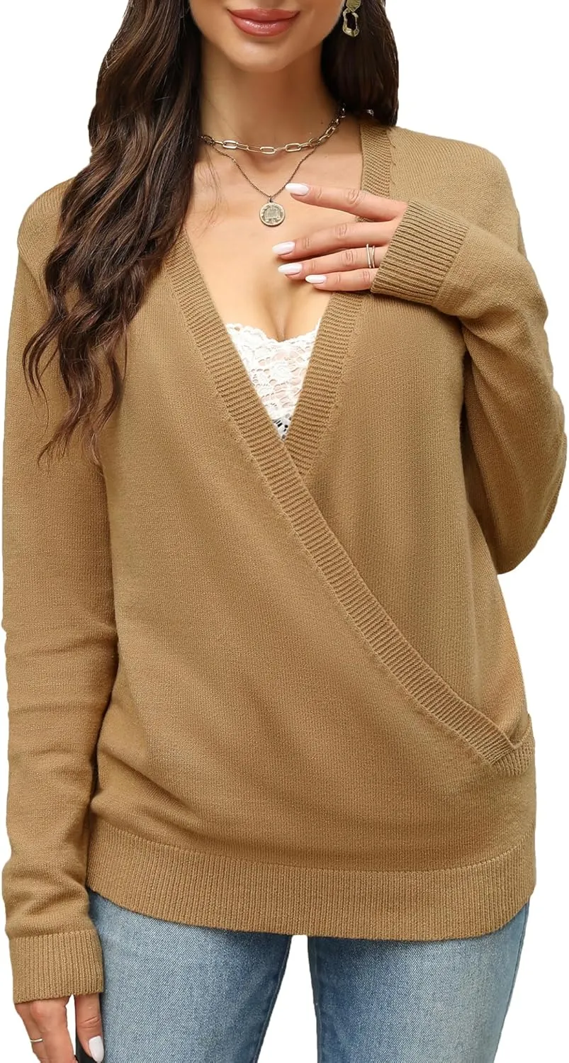 softome Womens 2025 Deep V-Neck Wrap Sweaters Long Sleeve Front Cross Loose Knitted Pullover Jumper Fall Winter Tops