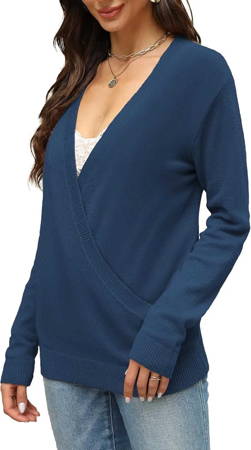 softome Womens 2025 Deep V-Neck Wrap Sweaters Long Sleeve Front Cross Loose Knitted Pullover Jumper Fall Winter Tops