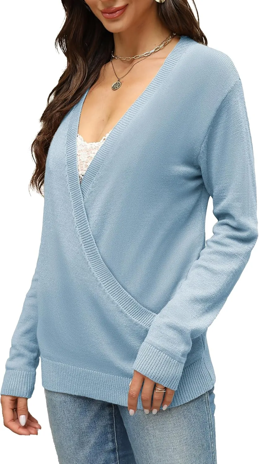softome Womens 2025 Deep V-Neck Wrap Sweaters Long Sleeve Front Cross Loose Knitted Pullover Jumper Fall Winter Tops