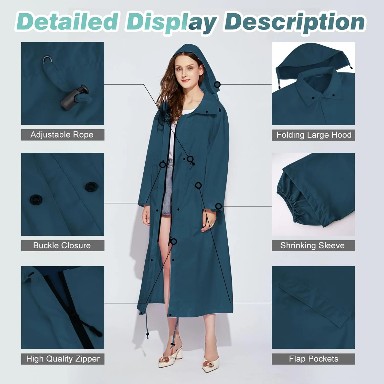 SOPPY Rain Coats for Women, Long Waterproof Raincoat Lightweight Hooded Rain Jacket for Hiking Travel Outdoor