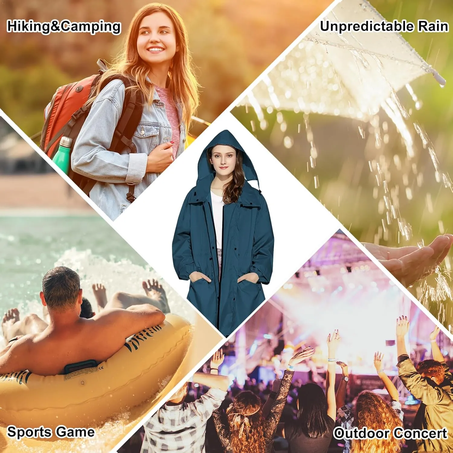 SOPPY Rain Coats for Women, Long Waterproof Raincoat Lightweight Hooded Rain Jacket for Hiking Travel Outdoor