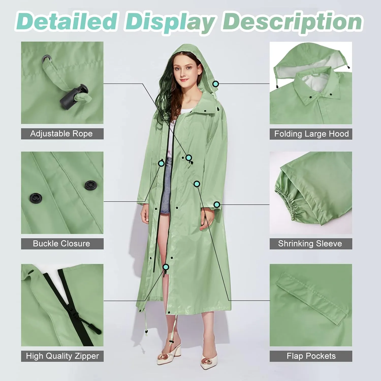 SOPPY Rain Coats for Women, Long Waterproof Raincoat Lightweight Hooded Rain Jacket for Hiking Travel Outdoor
