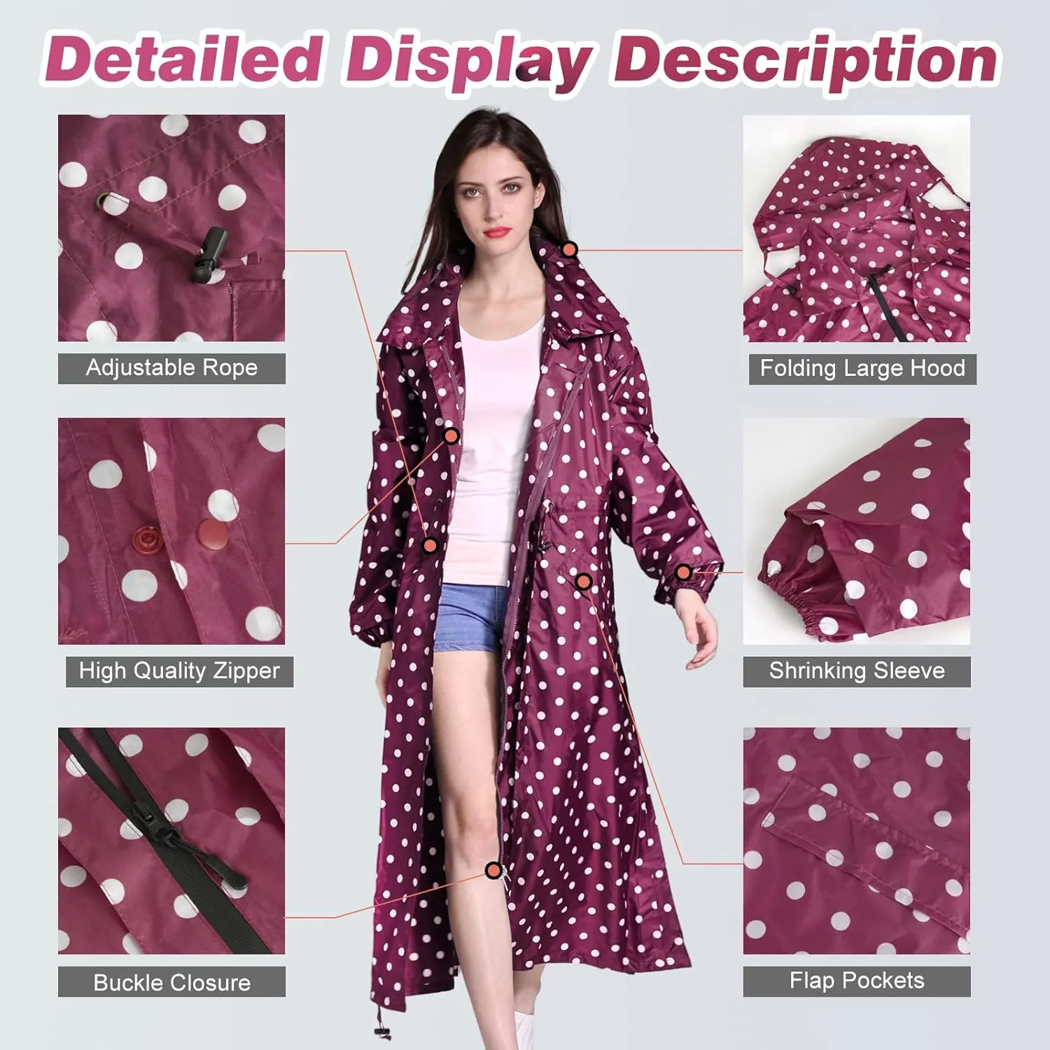SOPPY Rain Coats for Women, Long Waterproof Raincoat Lightweight Hooded Rain Jacket for Hiking Travel Outdoor