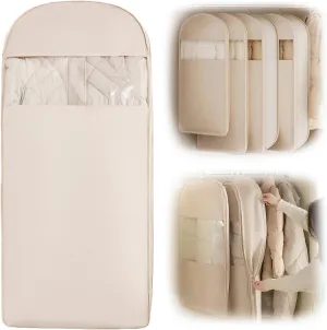 Space Saving Hanging Garment Bag  2025 Upgraded Self-Compression Zipper Garment Cover, Travel Clothes Storage Bag for Closet, Suitcase & Moving  Lightweight (Beige, L)