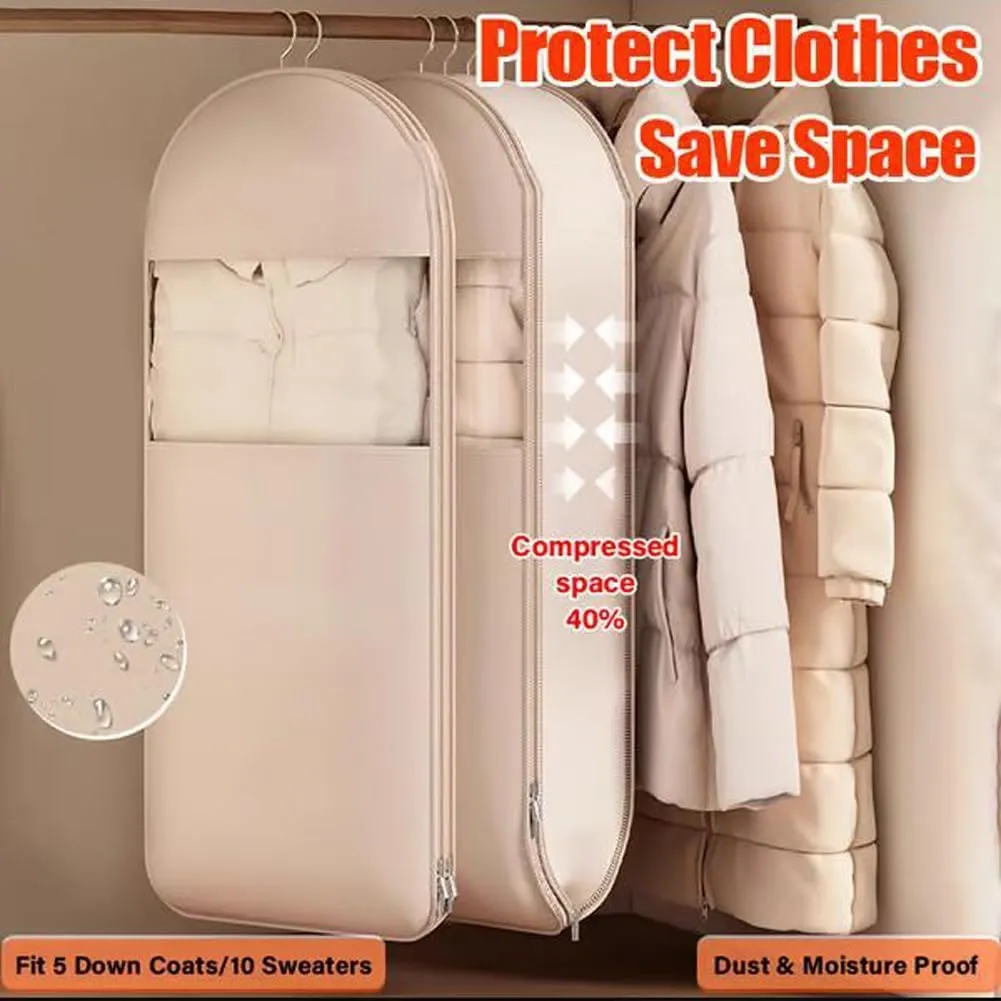 Space Saving Hanging Garment Bag  2025 Upgraded Self-Compression Zipper Garment Cover, Travel Clothes Storage Bag for Closet, Suitcase & Moving  Lightweight (Beige, L)