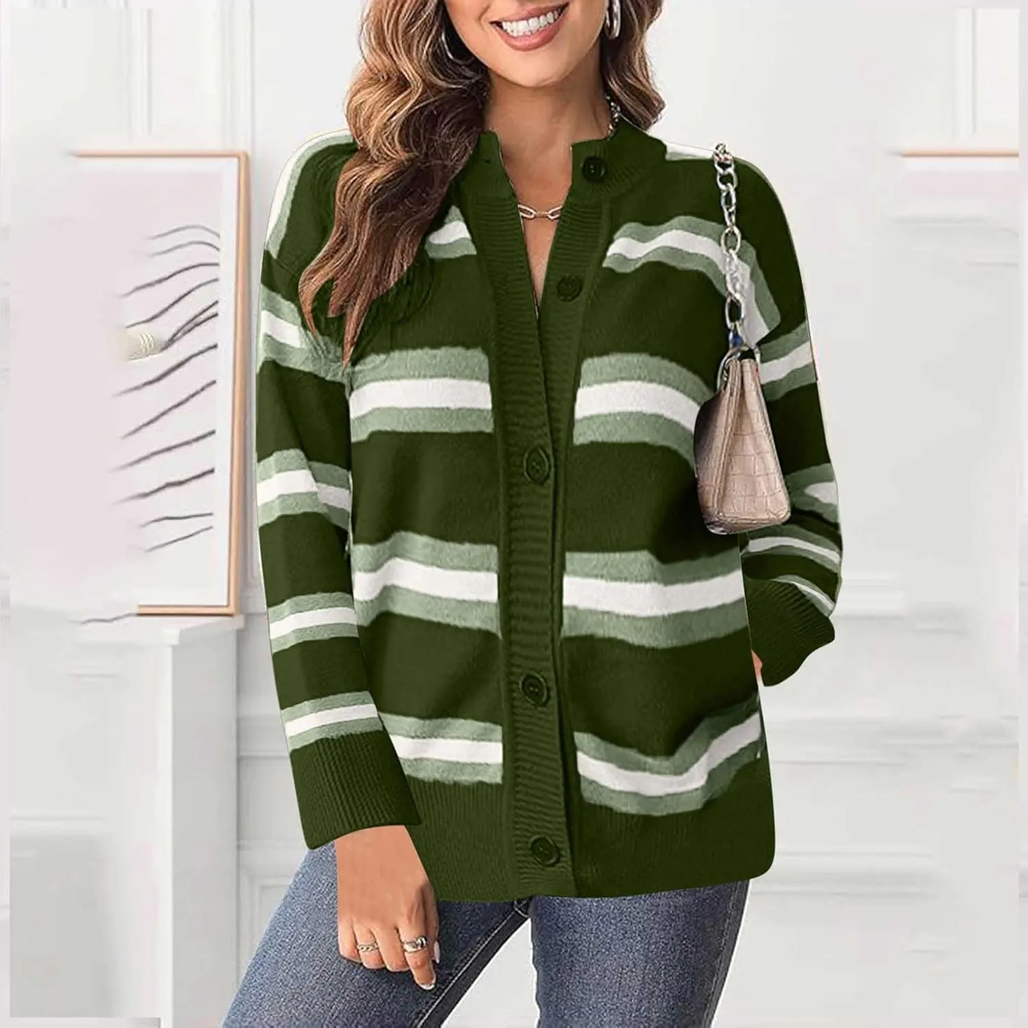 Striped Sweater Women 2024 Dressy Long Sleeve Button Down Crewneck Cropped Knit Cardigan Sweaters Casual Loose Coats