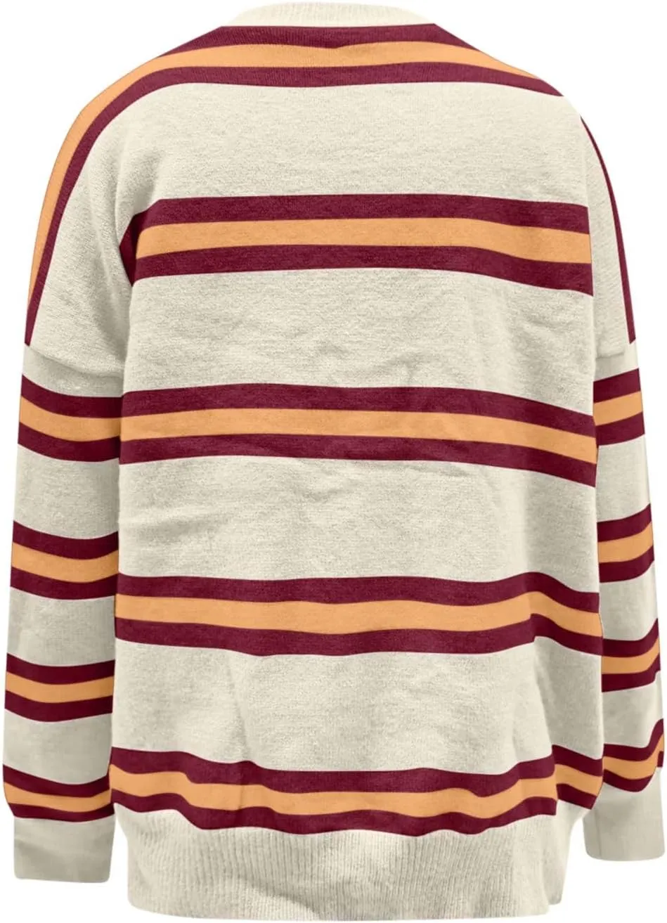 Striped Sweater Women 2024 Dressy Long Sleeve Button Down Crewneck Cropped Knit Cardigan Sweaters Casual Loose Coats