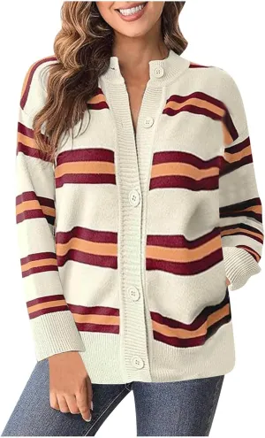 Striped Sweater Women 2024 Dressy Long Sleeve Button Down Crewneck Cropped Knit Cardigan Sweaters Casual Loose Coats