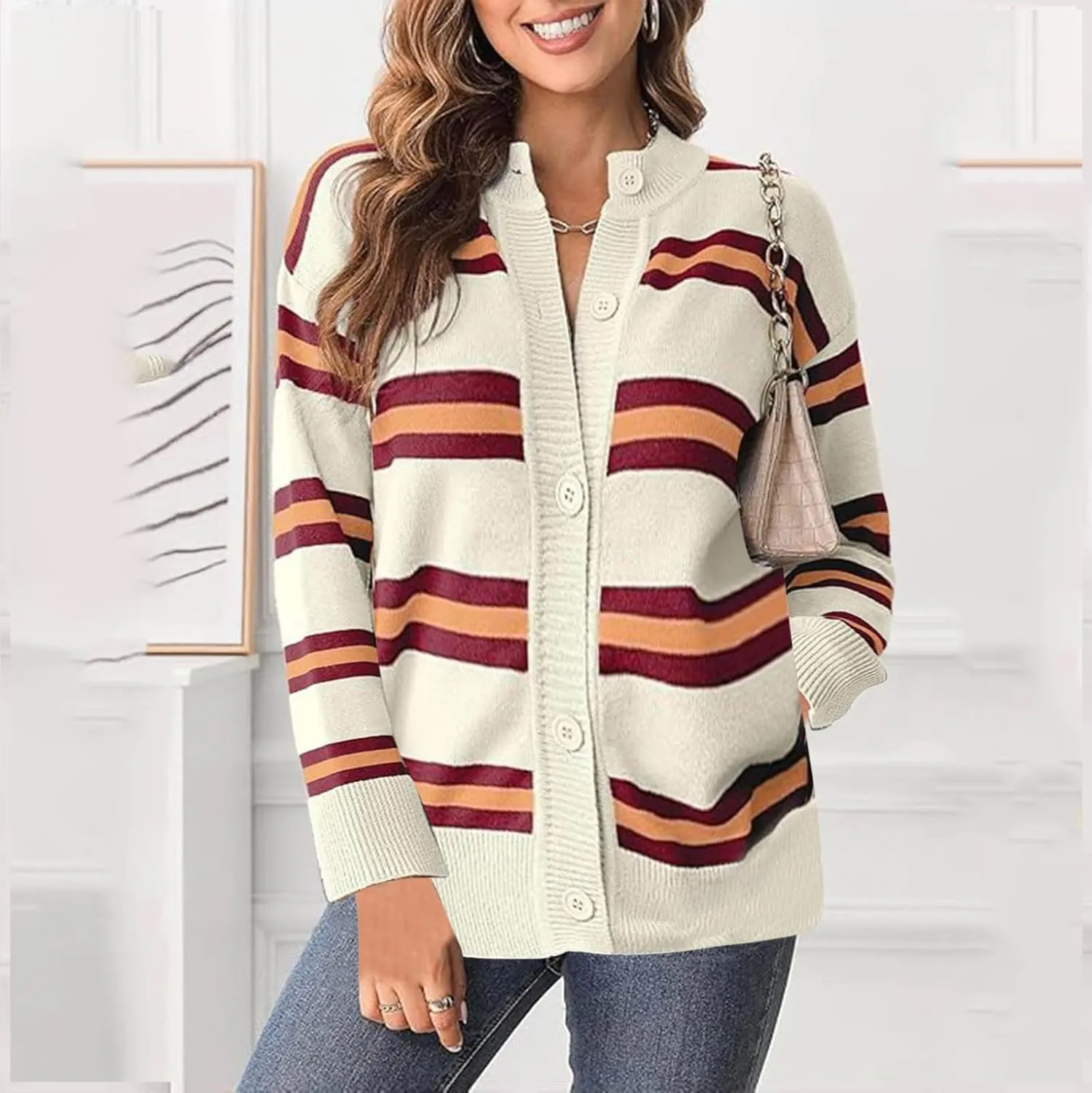 Striped Sweater Women 2024 Dressy Long Sleeve Button Down Crewneck Cropped Knit Cardigan Sweaters Casual Loose Coats