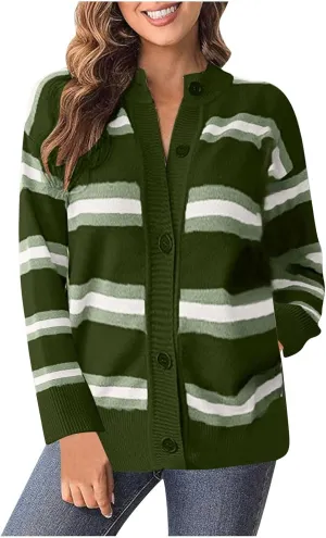 Striped Sweater Women 2024 Dressy Long Sleeve Button Down Crewneck Cropped Knit Cardigan Sweaters Casual Loose Coats