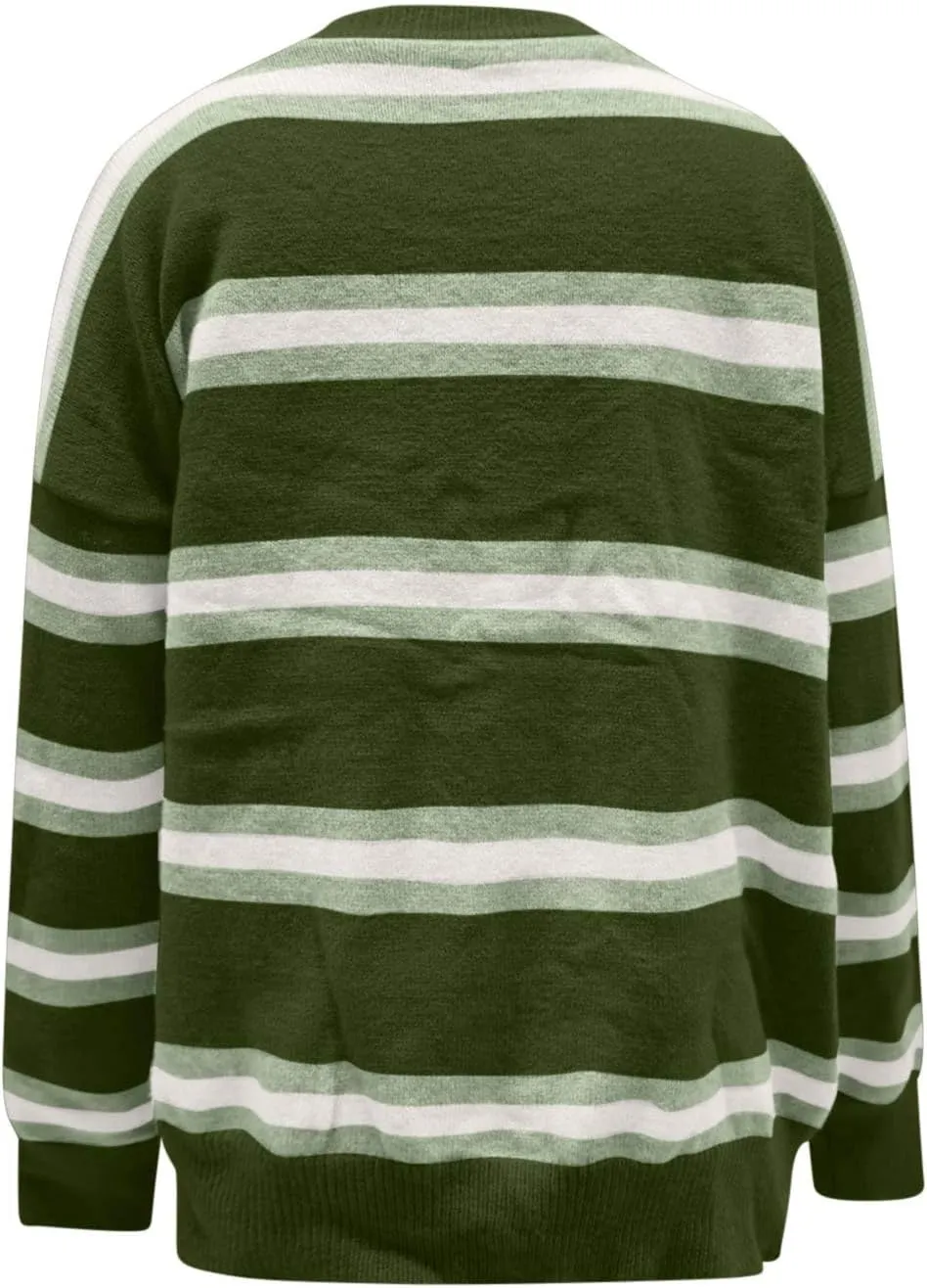 Striped Sweater Women 2024 Dressy Long Sleeve Button Down Crewneck Cropped Knit Cardigan Sweaters Casual Loose Coats