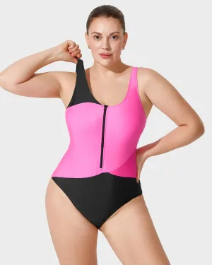 Stylish Color-Blocked Front Zip Swim Tank