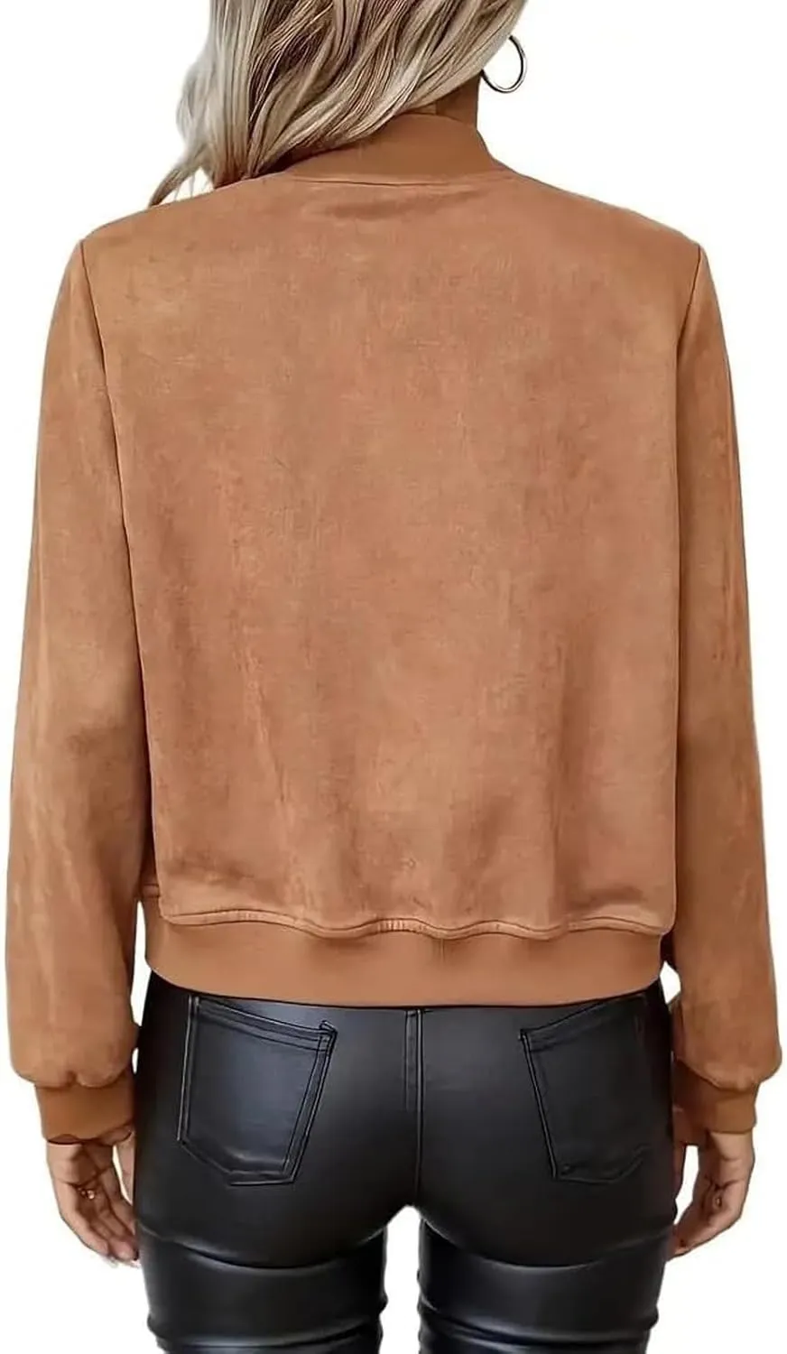 Suede Jacket Women Cropped Zip Up Bomber Jackets Dressy Casual Fall Coat Long Sleeve Biker Moto Jacket Outerwear