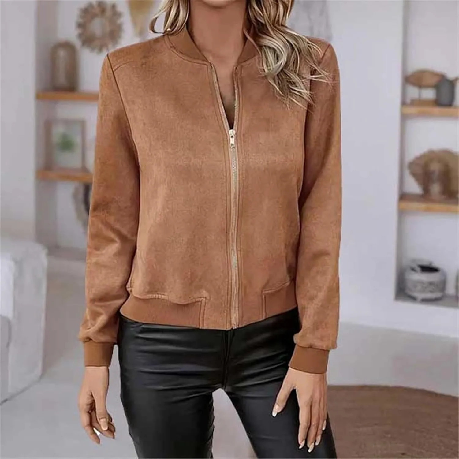 Suede Jacket Women Cropped Zip Up Bomber Jackets Dressy Casual Fall Coat Long Sleeve Biker Moto Jacket Outerwear