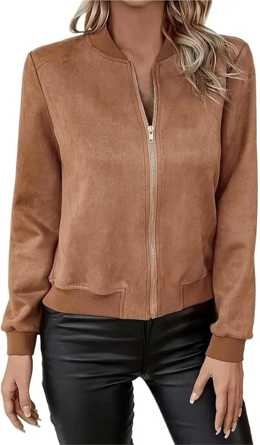 Suede Jacket Women Cropped Zip Up Bomber Jackets Dressy Casual Fall Coat Long Sleeve Biker Moto Jacket Outerwear