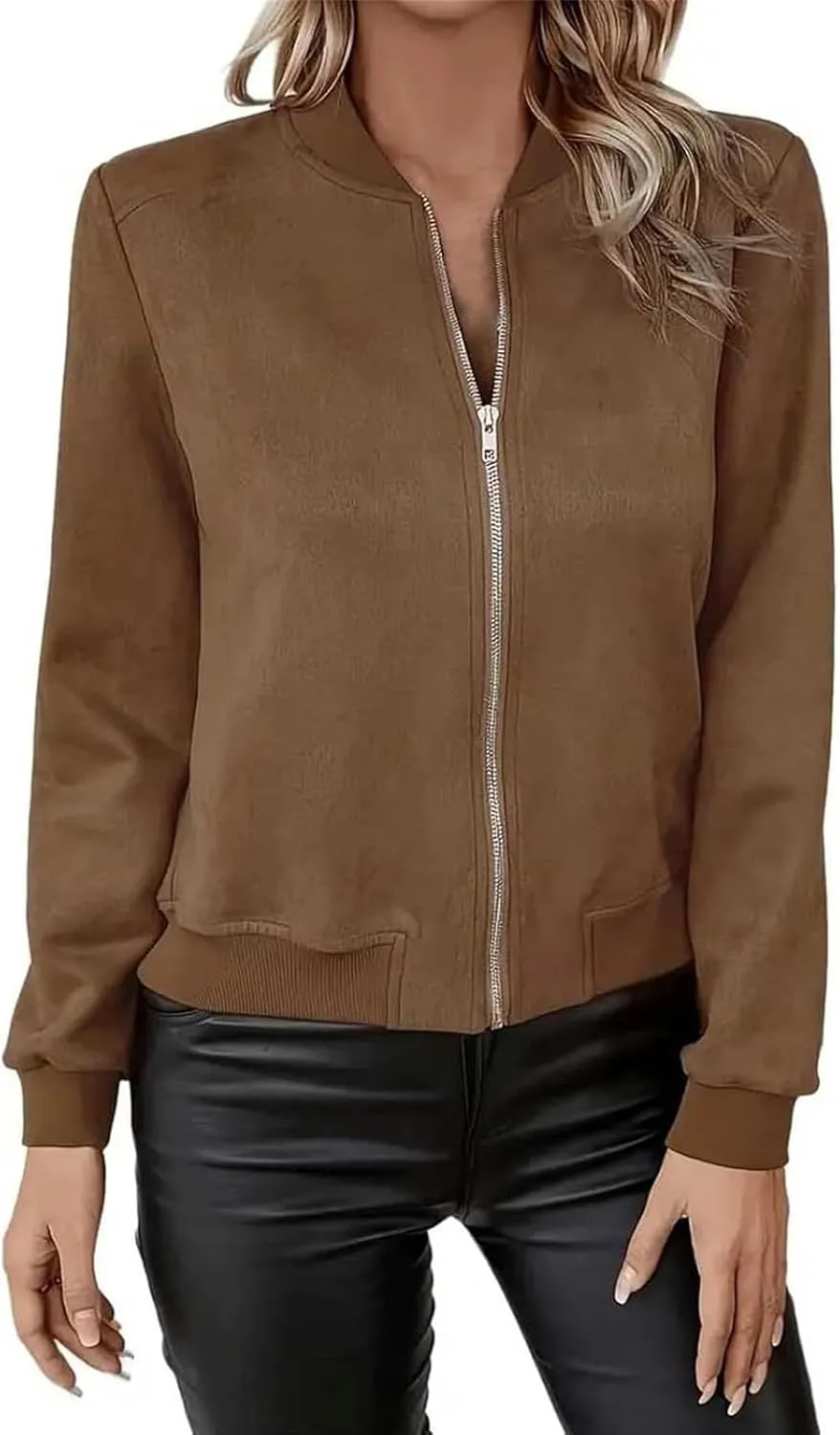 Suede Jacket Women Cropped Zip Up Bomber Jackets Dressy Casual Long Sleeve Biker Moto Jacket Fall Coat Outerwear