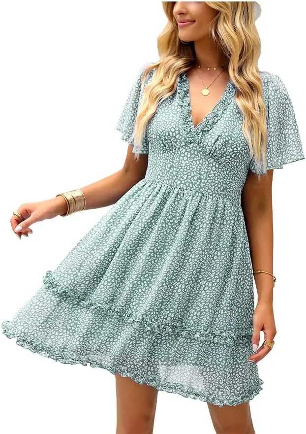 Summer Dress for Women, Ruffle Floral Short Sleeve Mini Dress Sexy V Neck Casual Women A Line Dresses