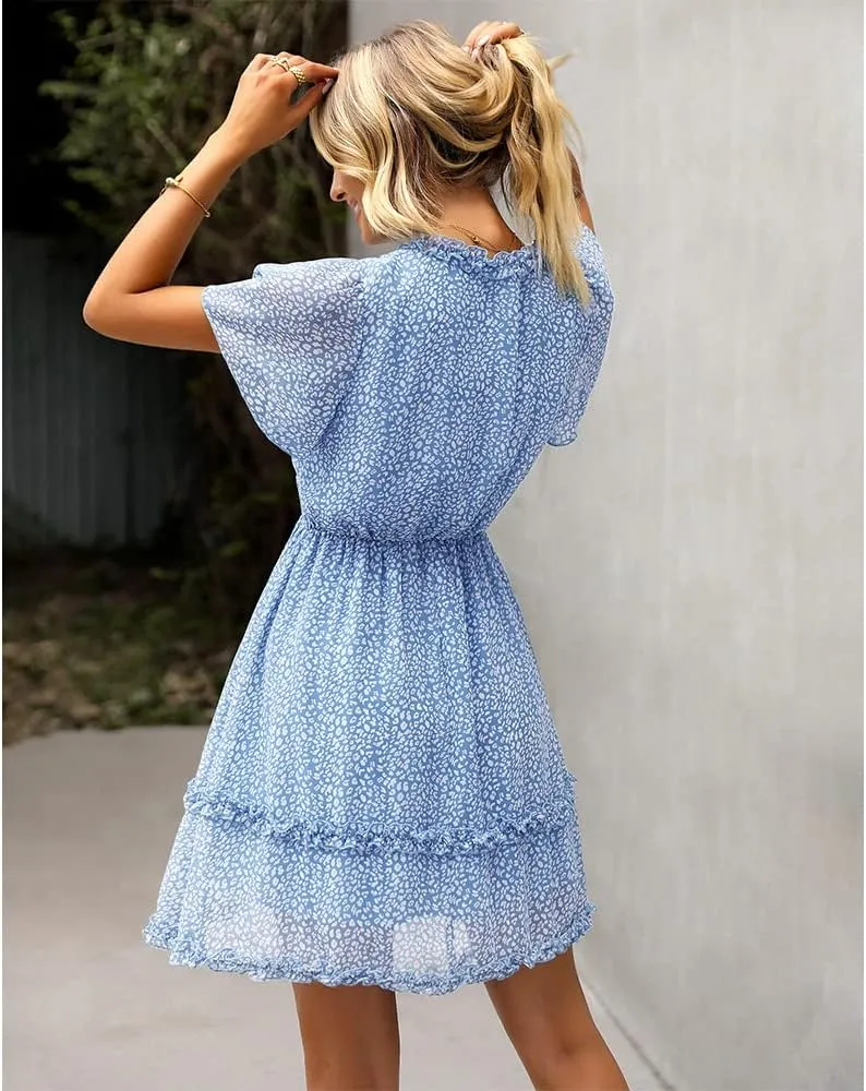 Summer Dress for Women, Ruffle Floral Short Sleeve Mini Dress Sexy V Neck Casual Women A Line Dresses