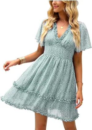 Summer Dress for Women, Ruffle Floral Short Sleeve Mini Dress Sexy V Neck Casual Women A Line Dresses