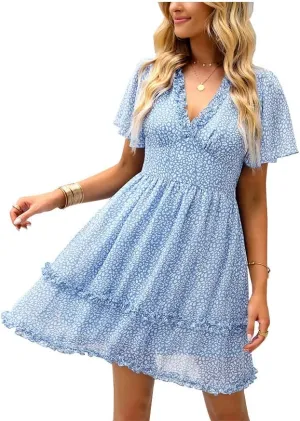 Summer Dress for Women, Ruffle Floral Short Sleeve Mini Dress Sexy V Neck Casual Women A Line Dresses