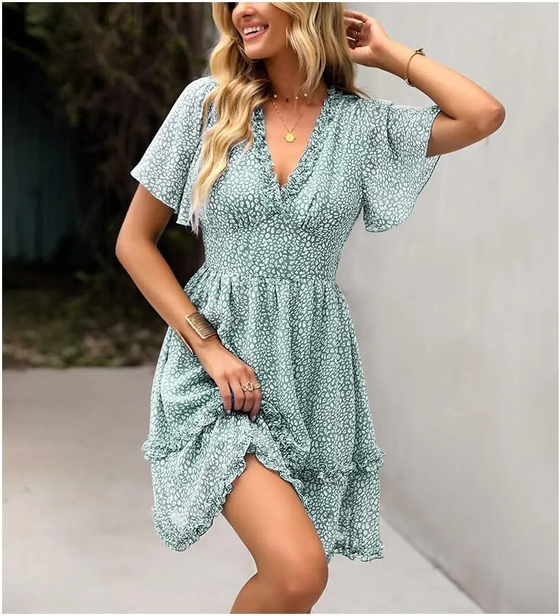Summer Dress for Women, Ruffle Floral Short Sleeve Mini Dress Sexy V Neck Casual Women A Line Dresses