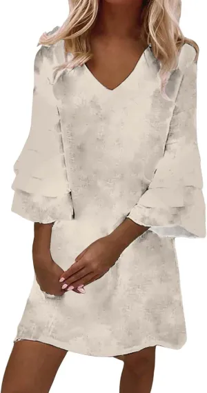 Summer Dresses for Women 2025 Casual V Neck 3/4 Petal Bell Sleeve Mini Dresses Plus Size Loose Flowy Beach Sundresses