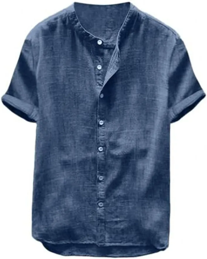 Summer Men's Cotton and Linen Shirt Casual Solid Color Short-Sleeved Cotton and Linen Button Beach Holiday Shirt