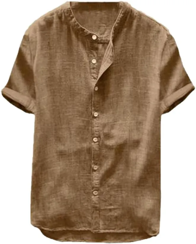 Summer Men's Cotton and Linen Shirt Casual Solid Color Short-Sleeved Cotton and Linen Button Beach Holiday Shirt