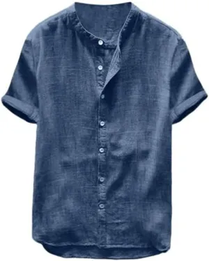Summer Men's Cotton and Linen Shirt Casual Solid Color Short-Sleeved Cotton and Linen Button Beach Holiday Shirt