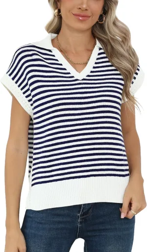 Summer Sweater Vest for Women Knit Sleeveless Striped Johnny Collar Pullover Tank Tops V Neck Cap Sleeve Blouse