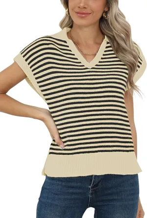 Summer Sweater Vest for Women Knit Sleeveless Striped Johnny Collar Pullover Tank Tops V Neck Cap Sleeve Blouse