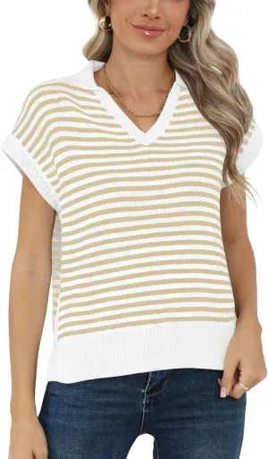Summer Sweater Vest for Women Knit Sleeveless Striped Johnny Collar Pullover Tank Tops V Neck Cap Sleeve Blouse