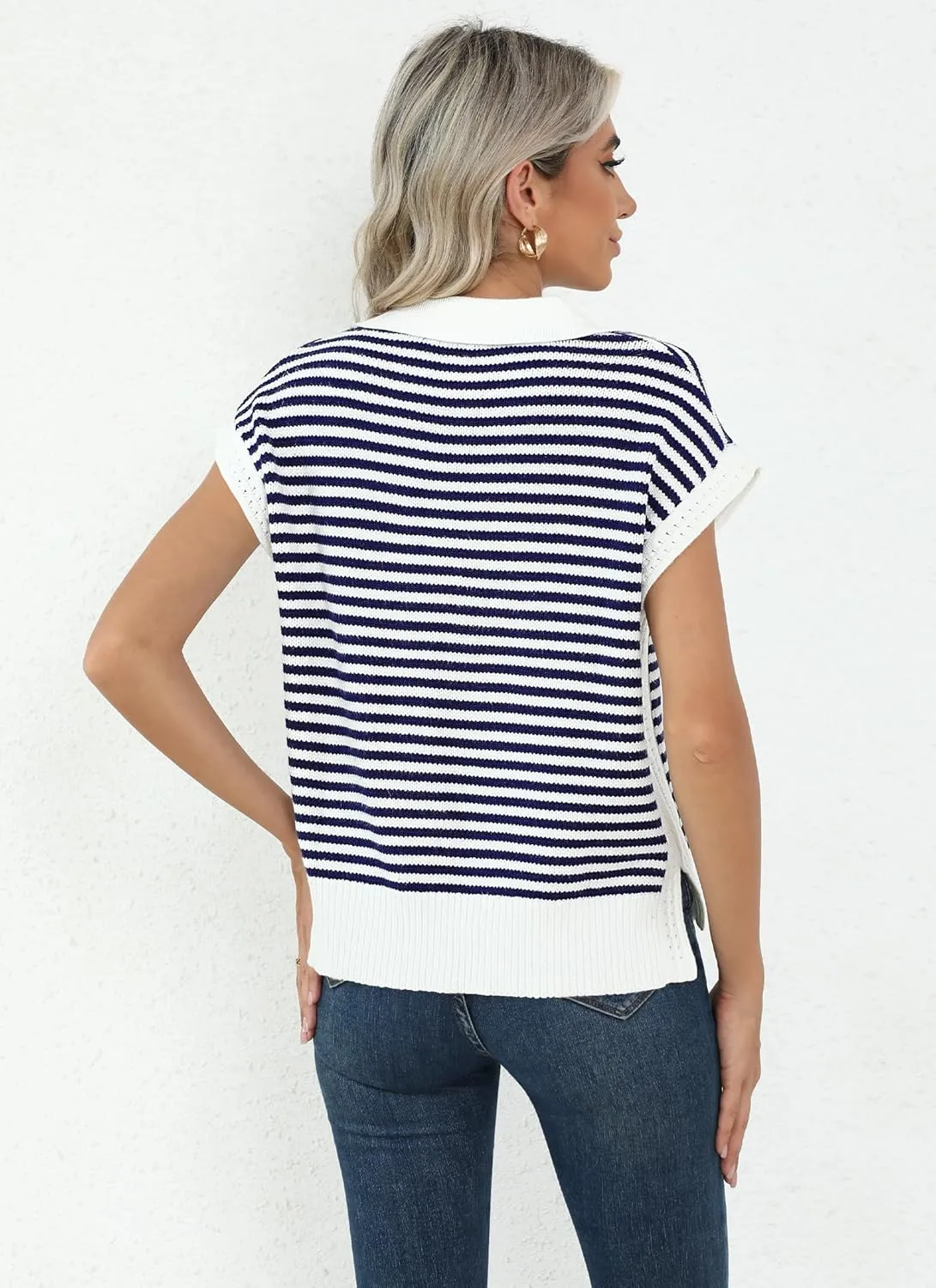 Summer Sweater Vest for Women Knit Sleeveless Striped Johnny Collar Pullover Tank Tops V Neck Cap Sleeve Blouse