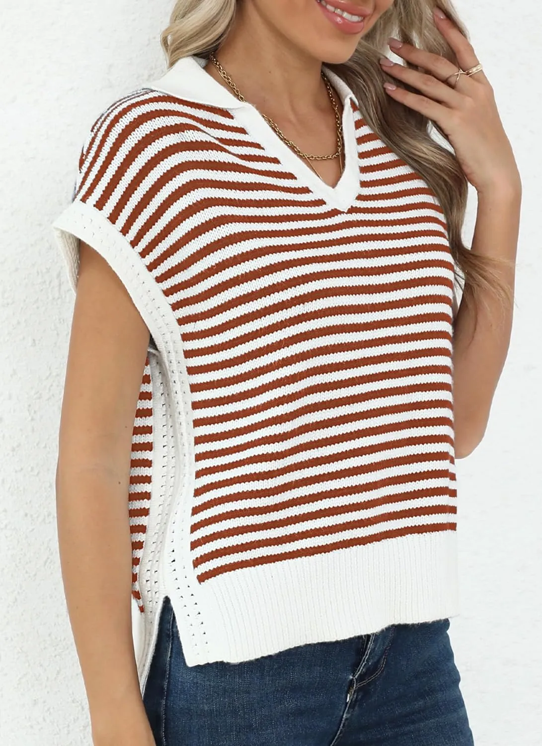 Summer Sweater Vest for Women Knit Sleeveless Striped Johnny Collar Pullover Tank Tops V Neck Cap Sleeve Blouse