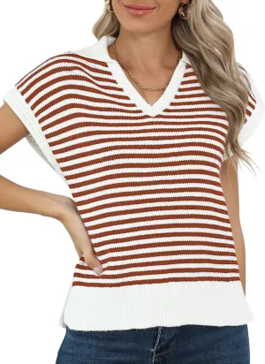 Summer Sweater Vest for Women Knit Sleeveless Striped Johnny Collar Pullover Tank Tops V Neck Cap Sleeve Blouse
