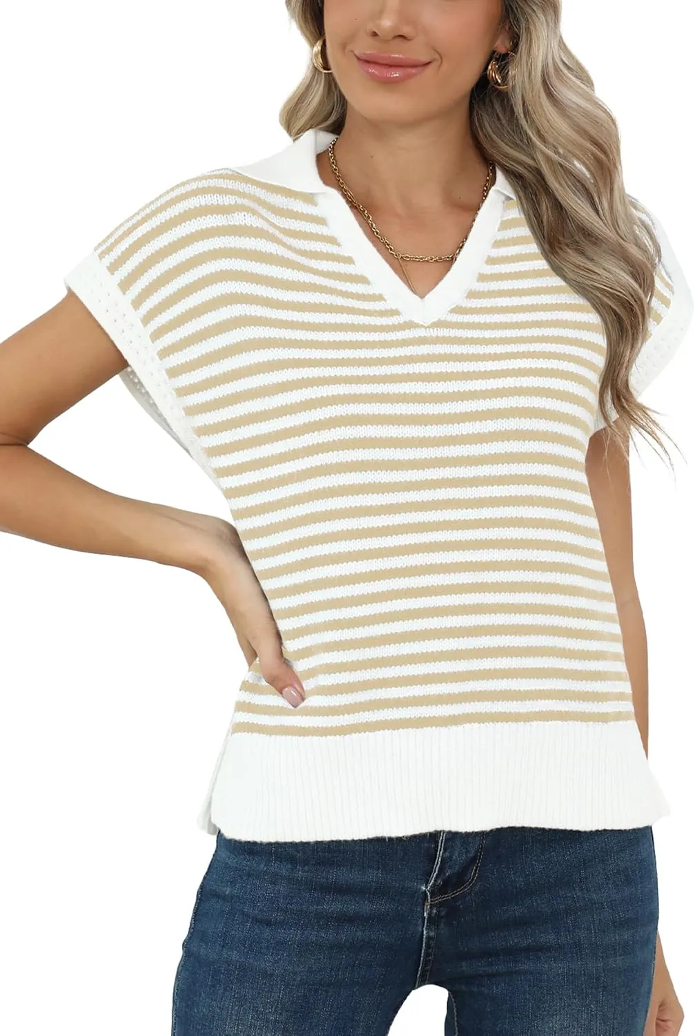 Summer Sweater Vest for Women Knit Sleeveless Striped Johnny Collar Pullover Tank Tops V Neck Cap Sleeve Blouse