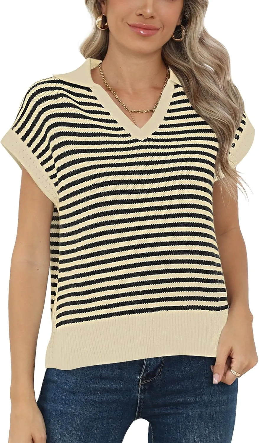 Summer Sweater Vest for Women Knit Sleeveless Striped Johnny Collar Pullover Tank Tops V Neck Cap Sleeve Blouse