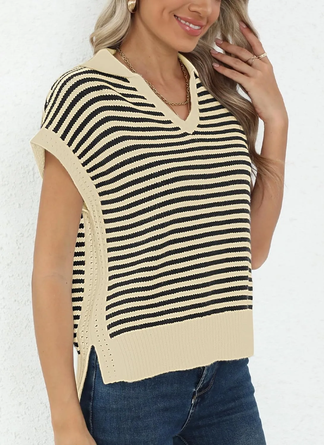 Summer Sweater Vest for Women Knit Sleeveless Striped Johnny Collar Pullover Tank Tops V Neck Cap Sleeve Blouse