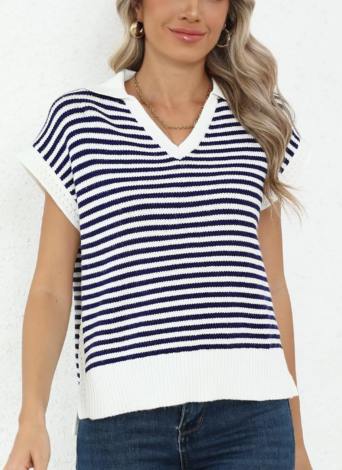 Summer Sweater Vest for Women Knit Sleeveless Striped Johnny Collar Pullover Tank Tops V Neck Cap Sleeve Blouse
