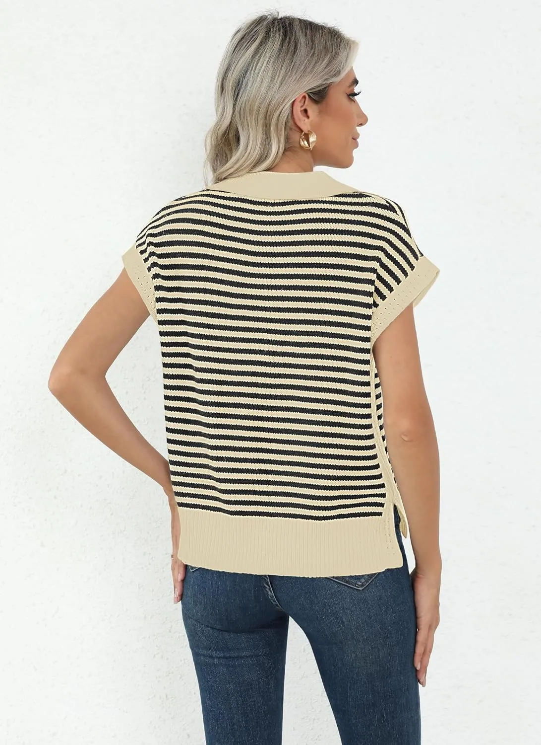 Summer Sweater Vest for Women Knit Sleeveless Striped Johnny Collar Pullover Tank Tops V Neck Cap Sleeve Blouse