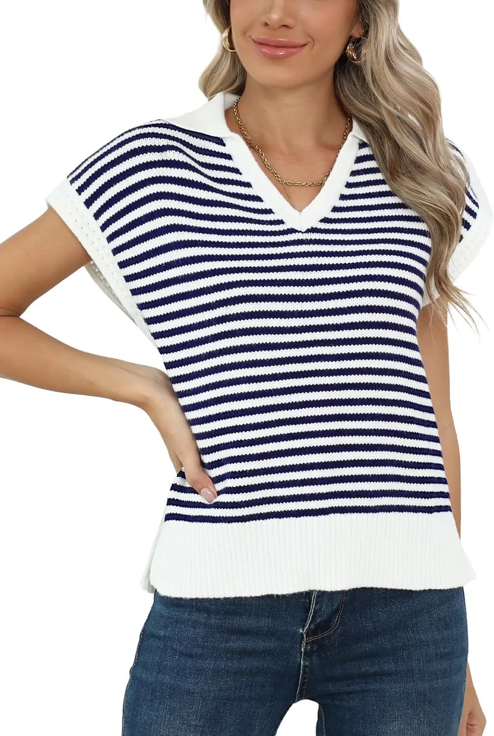 Summer Sweater Vest for Women Knit Sleeveless Striped Johnny Collar Pullover Tank Tops V Neck Cap Sleeve Blouse