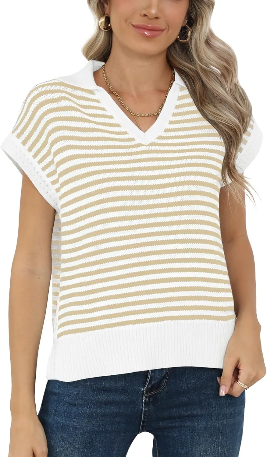 Summer Sweater Vest for Women Knit Sleeveless Striped Johnny Collar Pullover Tank Tops V Neck Cap Sleeve Blouse