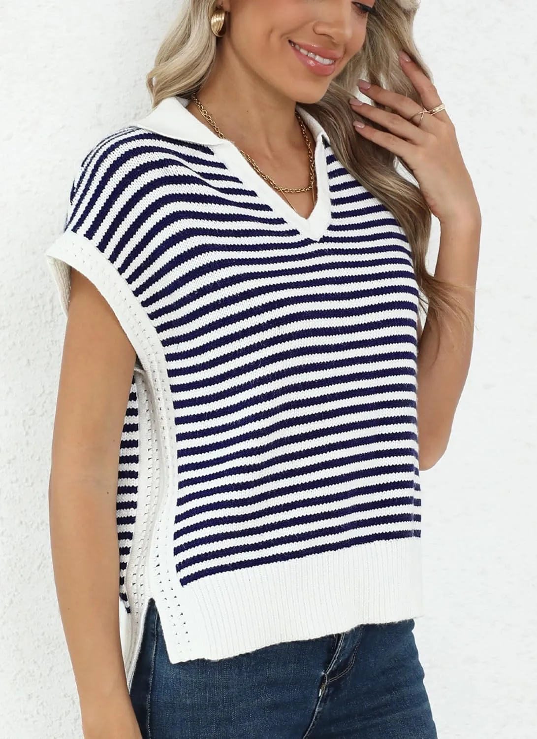 Summer Sweater Vest for Women Knit Sleeveless Striped Johnny Collar Pullover Tank Tops V Neck Cap Sleeve Blouse